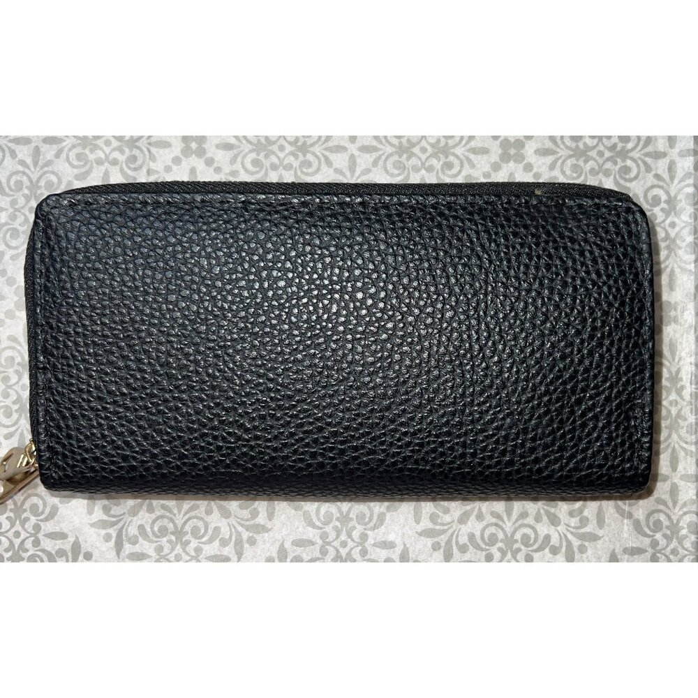 Black Zip-Around Wallet With Wrist Strap Pebbled Leather Logo Design